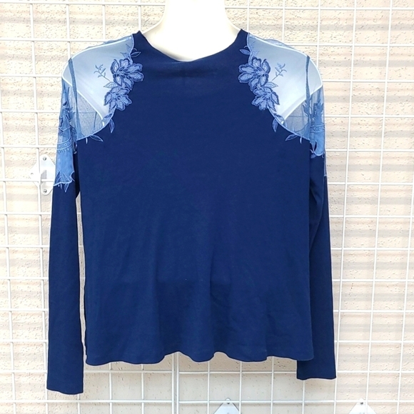 Free People Lace Shoulder Ribbed Long Sleeve Shirt Size L - Picture 3 of 8